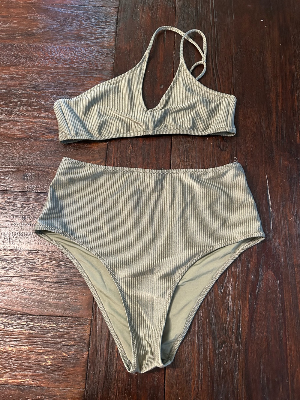 Aerie Shine Rib One Shoulder Bandeau Top and High Waisted Cheeky Bottoms Bikini